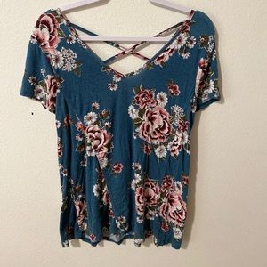 Blue open back floral tee